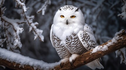 A snowy owl perched on a branch representing the con  AI generated illustration
