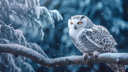A snowy owl perched on a branch representing the con  AI generated illustration