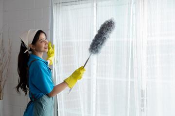 Professional housekeeper services company team working at customer house to clean up the floor,...