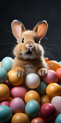 Fototapeta premium Putziger süßer kleiner Osterhase mit Ostereier traditionell zu Ostern als Grußkarte, ai generativ