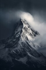 A vertical shot of a snowy mountain peak. AI generated illustration