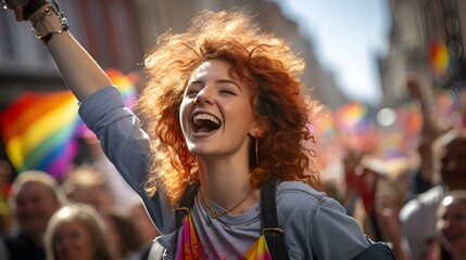 Fototapeta na wymiar Young Smiling Woman Rallying for LGBTQ+ Rights at a Pride Diversity Parade.