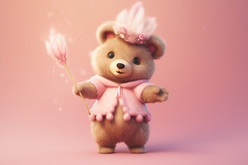 Cute bear dressed as a fairy with a magic wand on pink background