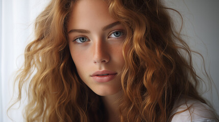 Fototapeta premium Close-up of attractive model. Make-up, smooth skin. Natural light. Fashion, editorial concept.