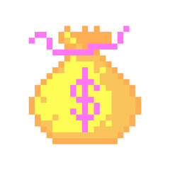 Bag with money pixel art icon. Minimalistic, pixel, graphic, vector, object, symbol