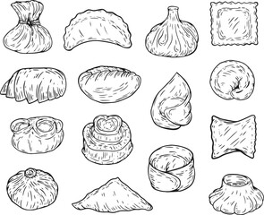 Set hand drawn illustration wonton, dumpling, khinkali, ravioli, gyoza, maultaschen, baozi, khanum, kurze, tortellini, dim sum, mandu, manti, kreplach. Collection vector food in sketch style. - 673718522
