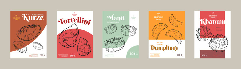 Collection food design for branding package, cover, poster. Set background template with various dumplings in retro hand drawn style. Vector illustration.