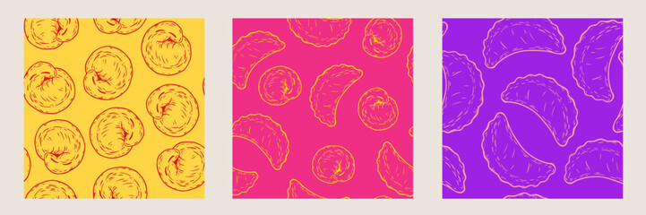 Color seamless pattern with dumplings in hand drawn vivid bright style. Set kitchen background for wallpaper, branding, textile. Sketch vector illustration. - 673718568