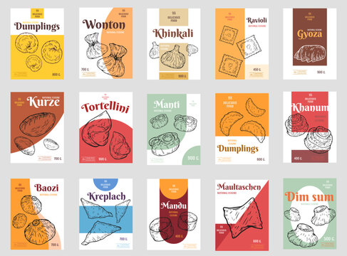 Set background template with various dumplings in retro hand drawn style. Collection food design for branding package, cover, poster. Vector illustration.