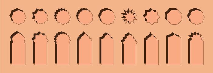 Modern vector set of flat mosque gates, doors, windows. Oriental style Islamic arches, labels, logo templates. Morocco style simple shapes. Indian architecture icons. Muslim frames, geometric shapes