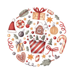 A composition with cupcake, gingerbread, fir branches, gifts and stars in a circle. Watercolor illustration. Holiday. New Year and Christmas. Winter. Candies. Art. Design. Handmade work.