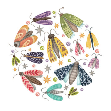 A composition with different colored moths and stars in a circle. Watercolor illustration. Insects. Nature. To fly. Animal. Art. Design. Print on fabric and paper. Postcard. Handmade work.