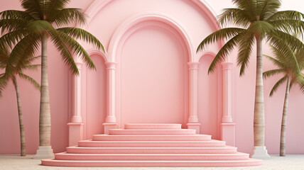 Pink arched doors and coconut tree decorations on the stairs - obrazy, fototapety, plakaty
