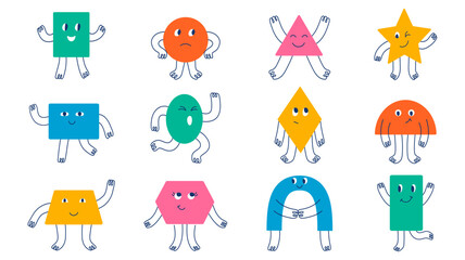 Set isolated different funky colorful basic geometric figures. Doodle flat illustration for kids. Vector collection with face emotions, hands and legs in hand drawn style. Cute funny characters. - obrazy, fototapety, plakaty