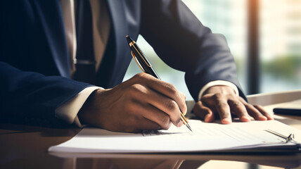 Close up of a businessman's hand writing on paper