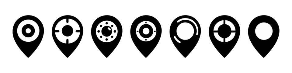 Set of black location icons on the map isolated. Vector illustration
