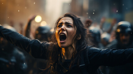 Screaming woman with raised fist on blurred background of riot police - obrazy, fototapety, plakaty