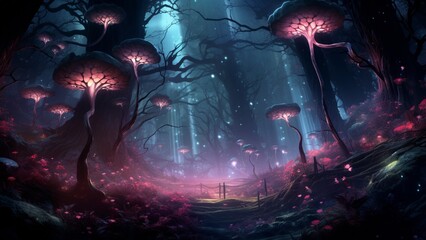  digital forest with luminescent trees and surreal digital flora  background with space HD 1920*1080P