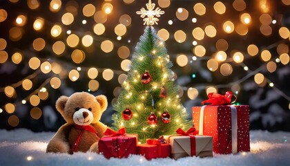 Ambiances de Noël. Sapin de Noël illuminé entouré d'un petit ours en peluche et de paquets cadeaux