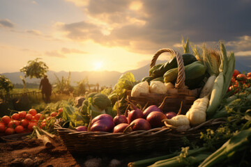 Organic vegetables being harvested under soft, diffused sunlight during the golden hour. Natural clean light and inviting scene with copy space. Generative AI - obrazy, fototapety, plakaty