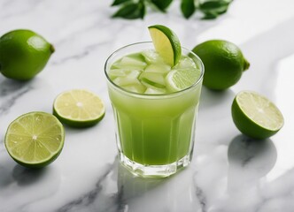 home made cool lime juice on white marble background