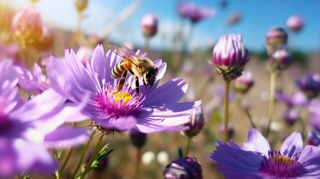 bee and beautiful purple flower spring summer season
