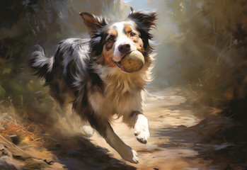 Painting of dog. A dog is playing