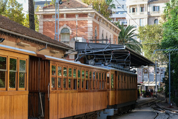 Historic train railway from Palma de Mallorca to Soller on Balearic Island named Orange Express scenic ride journey time travel like a century 100 years ago