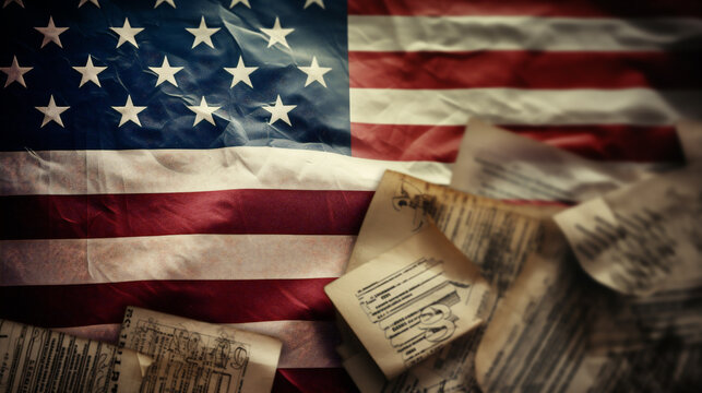 Vintage background with old american flag and papers. Retro style.