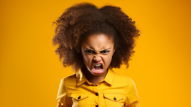 Angry irritated African American girl on yellow background