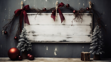 Christmas decoration on rustic wooden background with copyspace. Retro toned