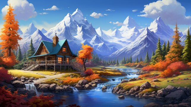 A wooden cabin surrounded by majestic mountains, where the air is crisp and the landscape is painted with the vibrant hues of fall.