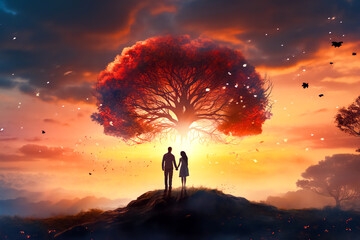 Romantic couple holding hands, a silhouette of love, man and woman, under a tree glowing at sunset. Concept of Valentine's day, falling in love. Copy space - obrazy, fototapety, plakaty