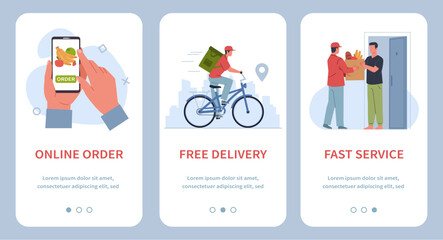 Food grocery delivery banners. Ordering products by phone and via app, fast service, different couriers movement methods. Online service app cartoon flat style isolated nowaday vector set