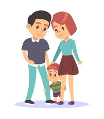 Frightened boy hides behind his parents. Little child afraid. Children emotion. Scared expression. Mom and dad hugging son. Happy family relationships. Cartoon flat isolated vector concept