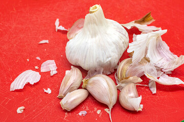 Garlic bulbs on red background.