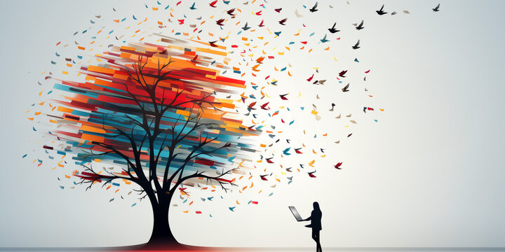 Schöner abstrakter futuristischer Lebensbaum als künstlerische Zeichnung in leuchtenden bunten Neon Farben für Webdesign und Drucksachen als Vorlage Querformat, ai generativ