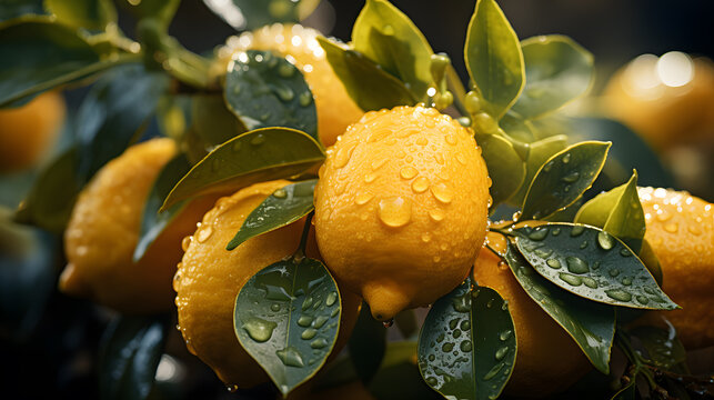 close up of super fresh lemons with water drips