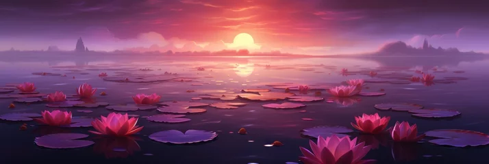 Fotobehang Sun rising in the morning beautiful banner on lake background © IlluGrapix