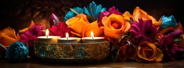Happy Deepavali festival with oil lamp and flowers, Hindu Festival of Lights Celebration, diya lamps, candle, indian oil lights deccotation