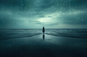 Sad woman is standing in dark night rainy sky above an ocean