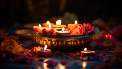Happy Diwali background, Happy Deepavali festival with oil lamps and flowers, Hindu Festival of Lights Celebration, diya lamps, candle, indian ornaments and adverticement banner