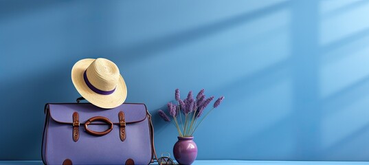 Empty background is a vintage travel suitcase and a straw hat and a purple box. Generated by AI.