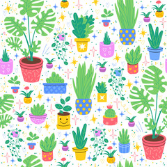 Seamless pattern with house flowers. Green tropical plants in colorful pots. Decor textile, wrapping paper, wallpaper design. Print for fabric. Cartoon flat isolated vector concept