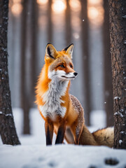 a cute little fox in the middle of a snowy forest
