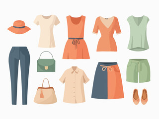 set of woman summer clothes , flat color vector style image , fashion wearing illustration