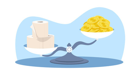 Toilet paper is worth more on scale than gold coins. Napkins is more expensive than gold. Reduction in value of money. Economical crisis. Cartoon flat style isolated vector concept