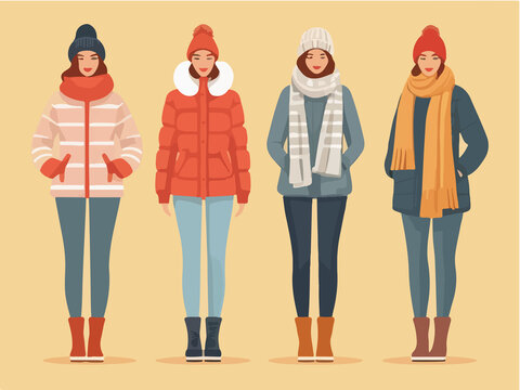 set of woman winter clothes , flat color vector style image , fashion wearing illustration