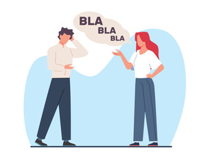 Woman chatting up man whos bored. Girl and boy communication. Tired human. Uninteresting talk. Unsuccessful date. Blah in speech bubble cartoon flat style isolated vector boredom concept