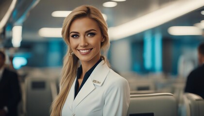 portrait of a stewardess with a beautiful and sincere smile

 - obrazy, fototapety, plakaty